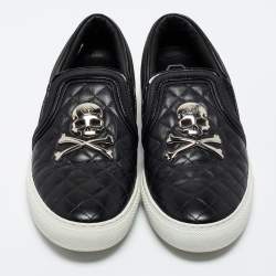 Pre Owned Philipp Plein Black Quilted Leather Skull Slip-On Sneakers Size 38