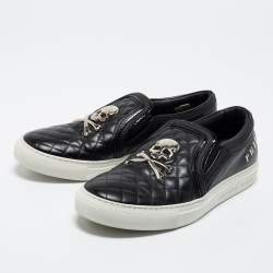 Pre Owned Philipp Plein Black Quilted Leather Skull Slip-On Sneakers Size 38