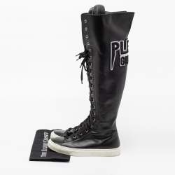 Pre Owned Philipp Plein Black Leather Knee High Embroidered Sneaker Boots Size 37