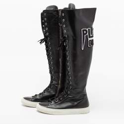 Pre Owned Philipp Plein Black Leather Knee High Embroidered Sneaker Boots Size 37