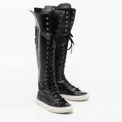 Pre Owned Philipp Plein Black Leather Knee High Embroidered Sneaker Boots Size 37