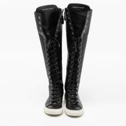 Pre Owned Philipp Plein Black Leather Knee High Embroidered Sneaker Boots Size 37