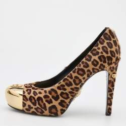 Pre Owned Philipp Plein Beige/Brown Leopard Print Calf Hair Metal Cap Toe Platform Pumps Size 38