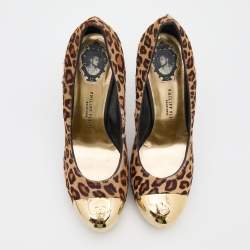 Pre Owned Philipp Plein Beige/Brown Leopard Print Calf Hair Metal Cap Toe Platform Pumps Size 38