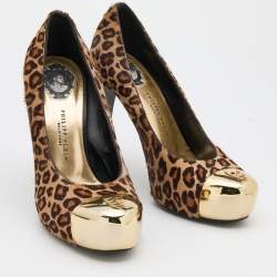 Pre Owned Philipp Plein Beige/Brown Leopard Print Calf Hair Metal Cap Toe Platform Pumps Size 38