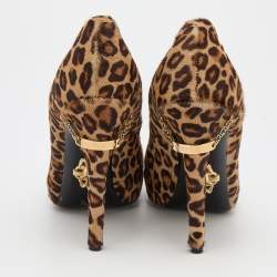 Pre Owned Philipp Plein Beige/Brown Leopard Print Calf Hair Metal Cap Toe Platform Pumps Size 38