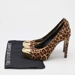 Pre Owned Philipp Plein Beige/Brown Leopard Print Calf Hair Metal Cap Toe Platform Pumps Size 38