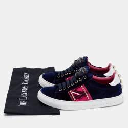 Pre Owned Philipp Plein Navy Blue Velvet And Leather Studded Low Top  Sneakers Size 38