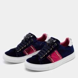 Pre Owned Philipp Plein Navy Blue Velvet And Leather Studded Low Top  Sneakers Size 38