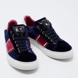 Pre Owned Philipp Plein Navy Blue Velvet And Leather Studded Low Top  Sneakers Size 38
