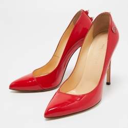 Pre Owned Philipp Plein Red Patent Leather Spike Detail Pointed Toe Pumps Size 37