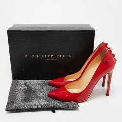 Pre Owned Philipp Plein Red Patent Leather Spike Detail Pointed Toe Pumps Size 37