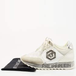 Pre Owned Philipp Plein White Lace and Leather Embellished Logo Low Top Sneakers Size 36