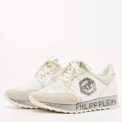 Pre Owned Philipp Plein White Lace and Leather Embellished Logo Low Top Sneakers Size 36