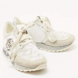 Pre Owned Philipp Plein White Lace and Leather Embellished Logo Low Top Sneakers Size 36