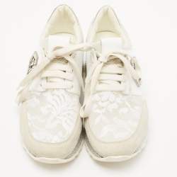 Pre Owned Philipp Plein White Lace and Leather Embellished Logo Low Top Sneakers Size 36