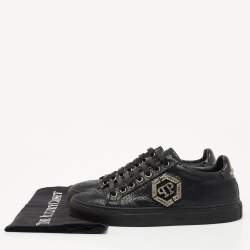 Pre Owned Philipp Plein Black Textured Suede Embellished Logo Low Top Sneakers Size 37