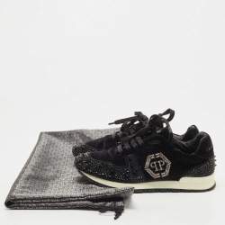 Pre Owned Philipp Plein Black Velvet Studded Embellishments Low Top Sneakers Size 37