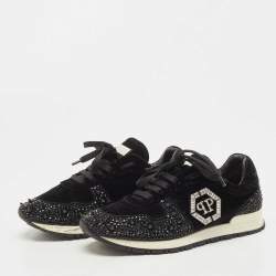 Pre Owned Philipp Plein Black Velvet Studded Embellishments Low Top Sneakers Size 37