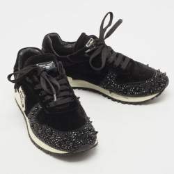 Pre Owned Philipp Plein Black Velvet Studded Embellishments Low Top Sneakers Size 37