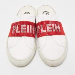 Phillip Plein White/Red Leather Crystal Embellished Logo Sneaker Mules Size 38