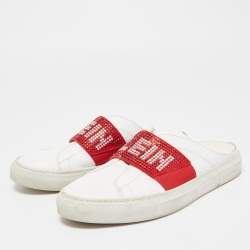 Phillip Plein White/Red Leather Crystal Embellished Logo Sneaker Mules Size 38