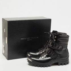 Philipp Plein Black Leather Tie Up Ankle Boots Size 42