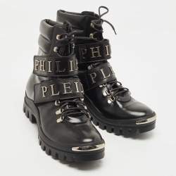 Philipp Plein Black Leather Tie Up Ankle Boots Size 42