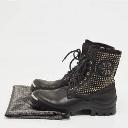 Pre Owned Philipp Plein Black Leather Studded Lace Up Ankle Boots Size 42