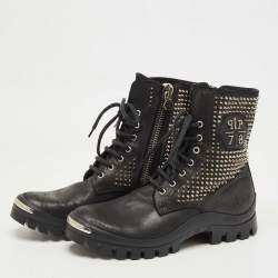 Pre Owned Philipp Plein Black Leather Studded Lace Up Ankle Boots Size 42