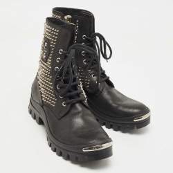 Pre Owned Philipp Plein Black Leather Studded Lace Up Ankle Boots Size 42