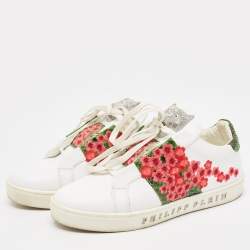 Philipp Plein White Leather Floral Embroidered 'I Wonder' Sneakers Size 39
