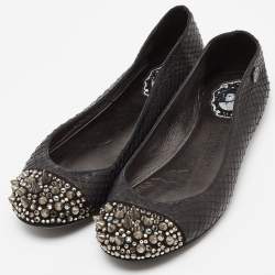 Pre Owned Philipp Plein Black Watersnake Leather Spike Ballet Flats Size 37