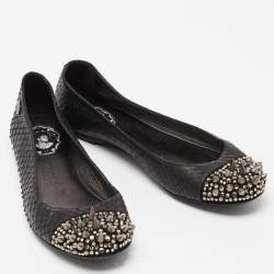 Pre Owned Philipp Plein Black Watersnake Leather Spike Ballet Flats Size 37