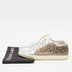Philipp Plein Silver/Gold Leather And Glitter Spike Sneakers Size 36