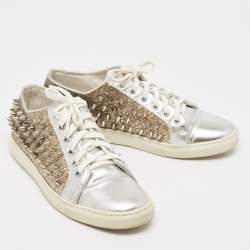Philipp Plein Silver/Gold Leather And Glitter Spike Sneakers Size 36