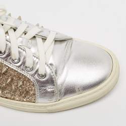 Philipp Plein Silver/Gold Leather And Glitter Spike Sneakers Size 36