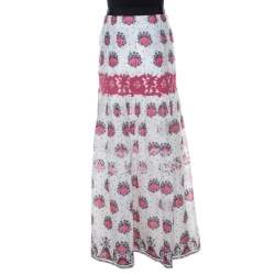 Philosophy di Alberta Ferretti White & Pink Cotton Floral Print Lace Insert Maxi Skirt L