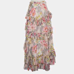Philosophy Beige Floral Printed Cotton & Silk Ruffled Asymmetric Hem Midi Skirt M