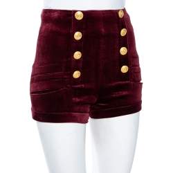 Pierre Balmain Maroon Velvet Button Detail High Waist Short S