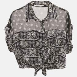 Pierre Balmain Black Paisley Print Silk Tie Knot Crop Top M
