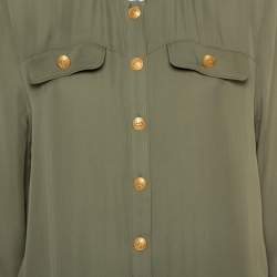 Pierre Balmain Military Green Silk Half Collar Button Front Shirt S 