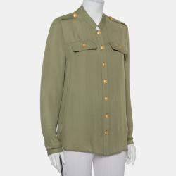 Pierre Balmain Military Green Silk Half Collar Button Front Shirt S 