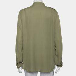 Pierre Balmain Military Green Silk Half Collar Button Front Shirt S 