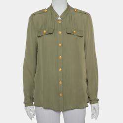 Pierre Balmain Military Green Silk Half Collar Button Front Shirt S 