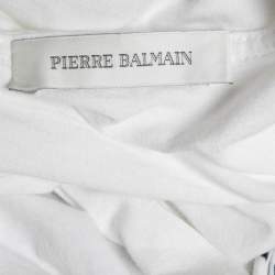 Pierre Balmain White/Navy Blue Striped Cotton Button Embellished Sleeveless T-Shirt L