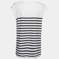 Pierre Balmain White/Navy Blue Striped Cotton Button Embellished Sleeveless T-Shirt L