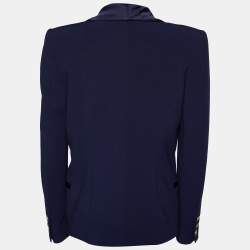 Pre Owned Pierre Balmain Navy Blue Crepe & Satin Lapel Double Breasted Blazer L