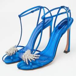 Pre Owned Pierre Balmain Blue Satin Crystal Embellished T-Strap Sandals Size 39