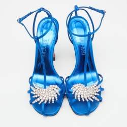 Pre Owned Pierre Balmain Blue Satin Crystal Embellished T-Strap Sandals Size 39